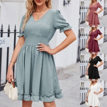 Elegant Swiss-dot V-neck Short Sleeve Mini Dress