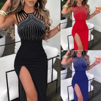 Sexy Rhinestone Front Cutout Sleeveless High Slit Bodycon Party Dress