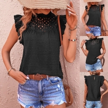 Casual Swiss-dot Lace Spliced Mock Neck Ruffled Sleeveless Shirt