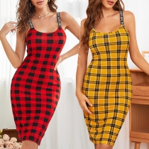 Fashion Contrast Color Plaid Bodycon Slip Nightwear Dress