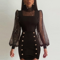 Fashion Bling-bling Semi-through Gauze Spliced Long Sleeve Mock Neck Double Breasted Slit Dress