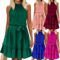 Casual Solid Color Halter Neck Self-tie Tiered Dress
