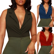 Fashion Solid Color Notch Lapel V-neck Ruched Bodysuit