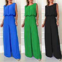 Fashion Solid Color Round Neck Sleeveless Wide-leg Jumpsuit