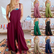 Casual Solid Color Slant Pockets Wide-leg Oversize Jumpsuit