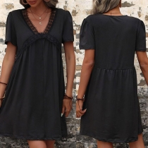 Casual Lace Spliced V-neck Short Sleeve Mini Dress