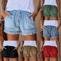 Casual Frayed Hemline Elastic Drawstring Shorts