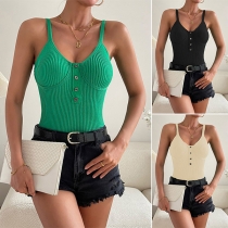 Sexy Buttoned V-neck Ribbed Cami Shirt