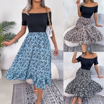 Fashion Off-the-shoulder Short Sleeve Contrast Color Floral Printed Dress
