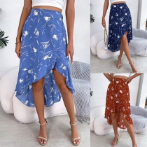 Fashion Floral Print Ruffle Irregular Hemline Skirt