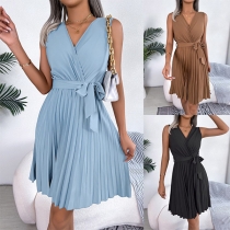 Elegant Solid Color V-neck Self-tie Pleated Dress