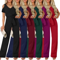 Elegant Solid Color Open-shoulder V-neck Self-tie Jumpsuit