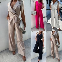 Fashion Solid Color Lapel V-neck Self-tie Wide-leg Jumpsuit