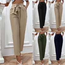 Casual Solid Color Self-tie Pants