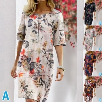 Vintage Floral Printed Slit V-neck Short Sleeve Loose Dress