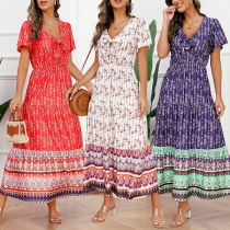Bohemia Style Floral Printed V-neck Short Sleeve Dress