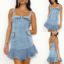 Street Fashion Old-washed Ruffle Patch Pockets Slip Denim Dress