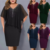 Fashion Rhinestone Ruffled V-neck Short Sleeve Bodycon Dress