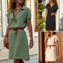 Casual Solid Color Stand Collar V-neck Cap Sleeve Mini Dress