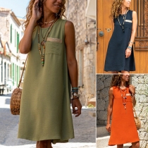 Casual Round Neck Sleeveless Patch Pockets A-line Dress