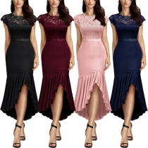 Elegant Lace Spliced Round Neck Cap Sleeve Pleated Fishtail Irregular Hemline Party Dress