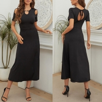 Fashion Solid Color Open-shoulder Short Sleeve Backless Midi Dress