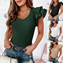 Fashion Ruffled Sleeveless V-neck Ribbed Bodyusit