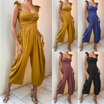 Fashion Solid Color Ruffle Square Neck Smocked Side Patch Pockets Loose Jumpsuit
