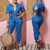 Fashion Half-zip V-neck Short Sleeve Self-tie Denim Jumpsuit