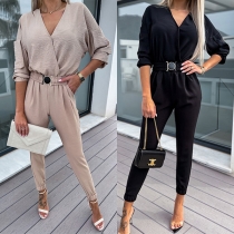 Fashion Solid Color V-neck Long Sleeve Cinch Waist Jumpsuit