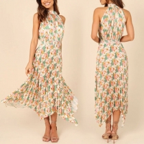 Fashion Floral Printed Halterneck Sleeveless Irregular Hemline Pleated Dress