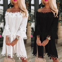 Fashion Lace Splcied Off-the-shoulder Trumpt Sleeve Mini Dress