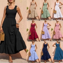 Fashion Solid Color Smocked Round Neck Sleeveless Tiered Dress