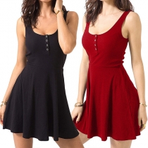 Casual Solid Color Buttoned V-neck Mini Dress
