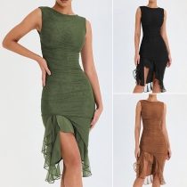 Fashion Solid Color Chiffon Spliced Ruffle Irregular Hemline Bodycon Dress