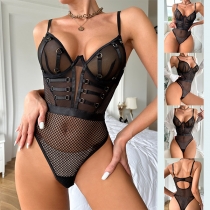 Sexy Semi-through Mesh One-piece Lingerie Bodysuit