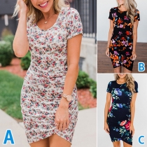 Fashion Floral Prined Round Neck Short Sleeve Irregular Hemline Bodycon Dress