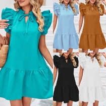 Fashion Solid Color Ruffled Cap Sleeve Self-tie Mini Dress