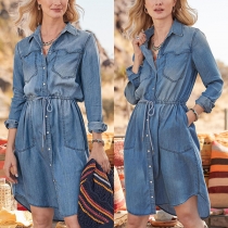 Fashion Old-washed Strand Collar Buttoned Drawstring Denim Dress