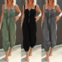 Fashion Solid Color Half Zipper Smocked Drawstring Jumpsuit