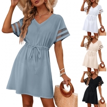 Fashion Semi-through Gauze Spliced Short Sleeve V-neck Drawstring Mini Dress