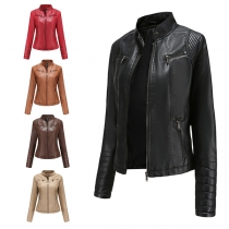 FashionStand Zipper Motor Style PU Jacket in Faux Leather with Long Sleeve Stand Collar