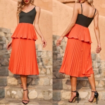 Fashion Contrast Color Pleated Ruffled Slip Dress