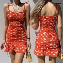 Fashion Floral Printed Ruched Drawstring Frilled Hemline Slip Dress