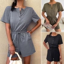 Casual Solid Color Buttoned V-neck Short Sleeve Drawstring Romper