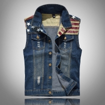 Vintage ärmlös jeansväst för män med tryckt amerikansk flagga och ståkrage