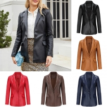 Enfärgad Notch Lapel Långärmad PU Konstläderkavaj/jacka