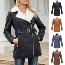 Fashion Plush Lined Notch Lapel Long Sleeve Slant Zipper Artificial Leather PU Jacket with Belt