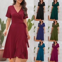 Fashion Solid Color V-neck Short Sleeve Ruffled Slit Wrap Dress