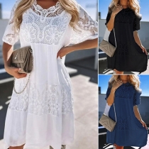 Fashion Lace Spliced Round Neck Short Sleeve Dress
